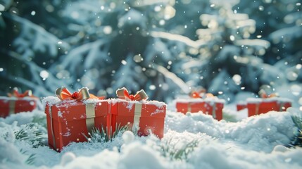 Poster - Gift boxes in a snowy forest with pine trees in the background