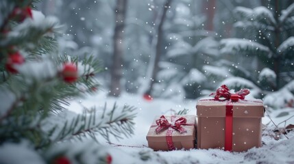 Poster - Gift boxes in a snowy forest with pine trees in the background