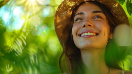 Poster - Happy woman in a sunny park, blurred greenery,