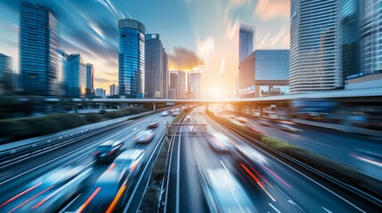 Poster - High-speed traffic on an urban road with modern buildings