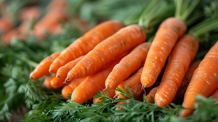 Freshly harvested carrots with green tops.