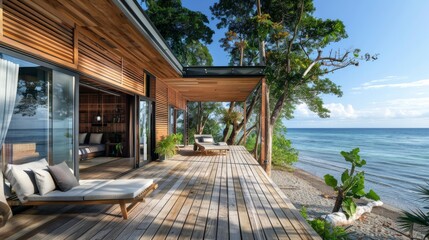 Modern beachfront bungalow with wooden deck and sea view