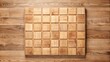 © Adisorn - A worn wooden board exhibits a distressed texture and subtle wood grain pattern, featuring a grid of empty squares and neutral-hued padding for a rustic look.