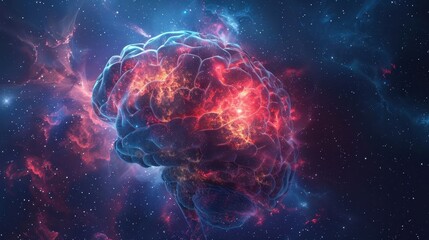 Wall Mural - digital artwork of a human brain set against a cosmic background, featuring vibrant nebulae and star