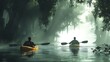 © Tcukimay - Two kayakers paddle through a misty, forested waterway, sunlight illuminating the path ahead.