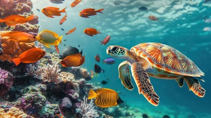 A sea turtle swimming alongside a school of vibrant tropical fish near a coral reef, photorealistic, hyper-resolution, lively and colorful marine interaction