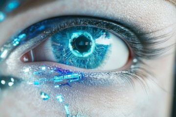 Wall Mural - Female eye with cyber technology panel, security interface, generated by stock