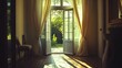 © Nattawee - A serene scene of a sunlit room with an open door and flowing curtains, suggesting a warm welcome