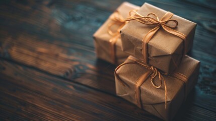 Poster - Small gift boxes on rustic wooden surface with soft lighting