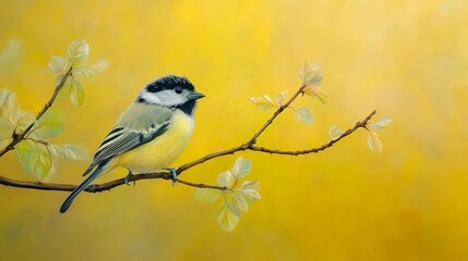 Wall Mural - Lovely bird. Green twigs. Golden backdrop.