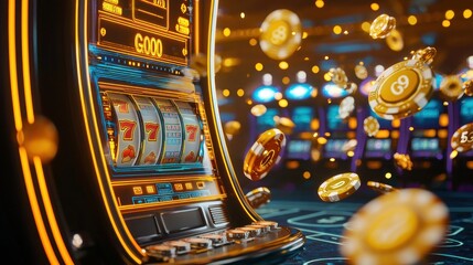 A glowing casino slot machine with a jackpot of 777 and falling golden chips