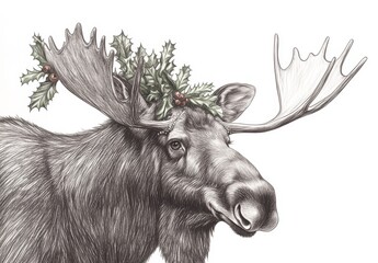 Sketch or hand drawn illustration of a Christmas moose with pine tree and watercolor leaves and berries in antlers, a festive merry Christmas animal art print for holiday cards or party invitations