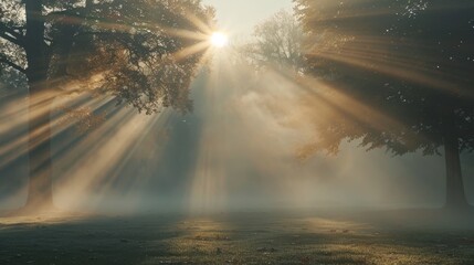 Wall Mural - Warm sun rays cutting through thick morning mist in a park