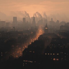 Wall Mural - A misty cityscape with a faint glow of streetlights in the evening.