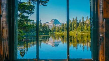 Window framing a tranquil lake with reflections of surrounding pine trees and a distant mountain range