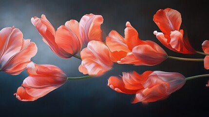 Wall Mural - A Bouquet of Coral Tulips Against a Dark Background