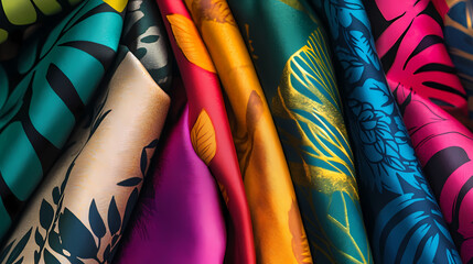 Colorful fabrics with leafy patterns representing vibrant diversity and creativity for fashion design and home decor inspiration