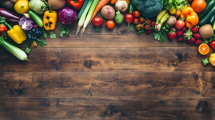 Wall Mural - A vibrant arrangement of fresh fruits and vegetables on a wooden table, showcasing a healthy lifestyle, with ample copy space for text