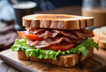 Close-up of a juicy beef burger with lettuce, tomato, onion, and pickles in a sesame seed bun on a dark background.
