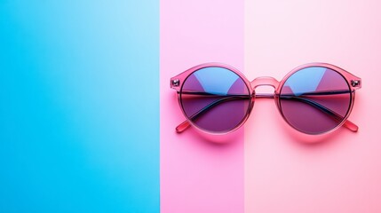 Wall Mural - Vibrant pink sunglasses resting on a pastel blue and pink background