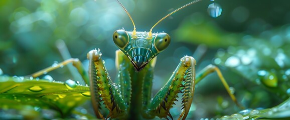 Close-up of a green praying mantis with large eyes and long antennae, sitting on a leaf with water droplets.