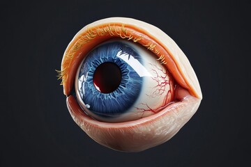 The cross-section anatomy of the human eye on a blue color background. This is a 3D illustration.