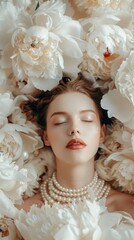 Poster - A woman is laying in a bed of white flowers