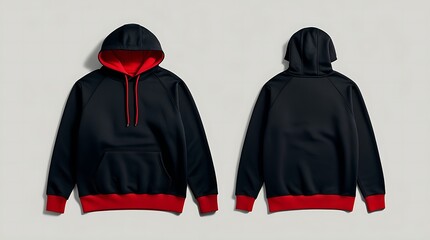 Sticker - Black hooded sweatshirt has a striking red drawstring, shown in front and back views. Suitable for clothing advertising or design projects. 
