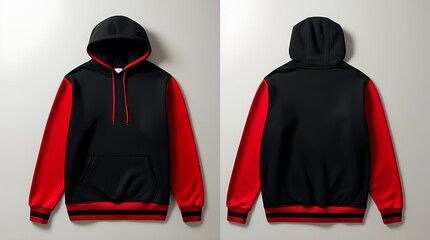 Sticker - Black hooded sweatshirt has a striking red drawstring, shown in front and back views. Suitable for clothing advertising or design projects. 
