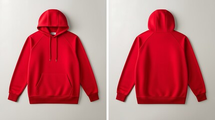 Sticker - Red hooded sweatshirt has a striking red drawstring, shown in front and back views. Suitable for clothing advertising or design projects. 
