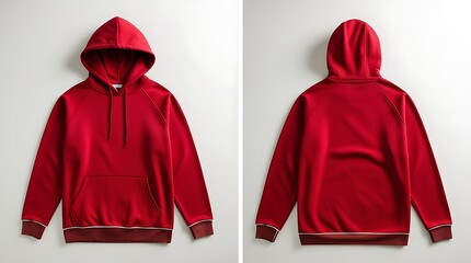 Sticker - Red hooded sweatshirt has a striking red drawstring, shown in front and back views. Suitable for clothing advertising or design projects. 
