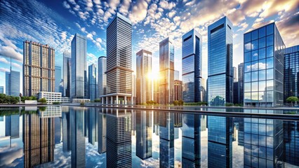 Poster - Glass high rise building skyscrapers reflecting the city landscape, glass, high rise, building, skyscraper, urban