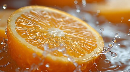 Close-up of a juicy orange half splashing in water with water droplets.