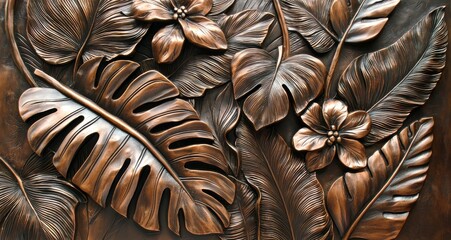 Wall Mural - A wall art with gold leaves and flowers