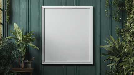 Large white empty frame mockup on green wooden wall for art display and interior design inspiration 