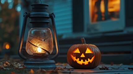 Haunting Glow: Vintage Lantern and Jack-o-Lantern on Halloween Night Porch