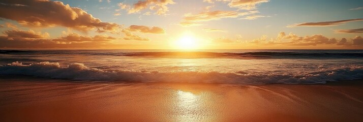 Golden sunshine reflecting on the sand and waves crashing over it during a stunning sunrise over the ocean.