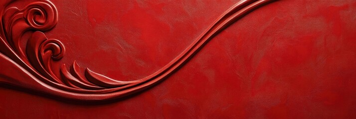 A red wall covering with a curving pattern on the lower half.