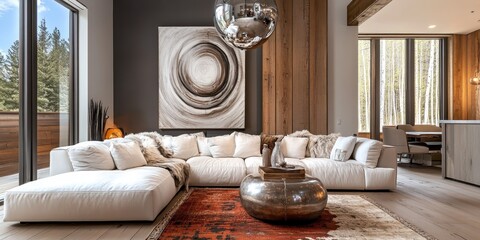 futuristic modern living room, cozy sofa with plush pillows, large decorative metal sphere wall art, wood floors, area rug, large windows, rustic accents, dramatic lighting, minimalist interior design