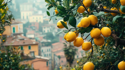 branches with ripe yellow lemons frame view of italian city, harvest, citrus, garden, tropical plant, south, italy, architecture, houses, copy space, place for text, wallpaper, postcard