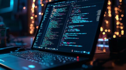 High-Tech Laptop with Code Snippets and Web Development Tools
