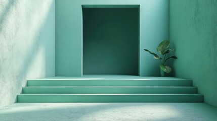 Abstract mint green 3D render geometric background modern minimal isometric frame with empty shelves for product display commercial showcase podium or pedestal.