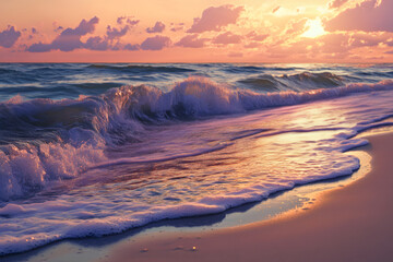 A wave crashes onto the sandy shore at sunset, creating a beautiful golden glow on the water.