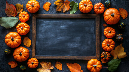 A top view halloween background with pumpkins and leaves on blackboard, suitable for seasonal decoration or party promotion.