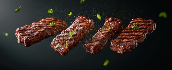 Four Grilled Steak Pieces with Herbs and Spices Flying Through the Air