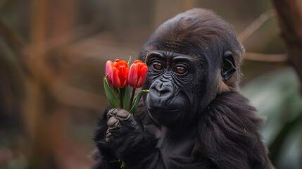 Wall Mural - A young gorilla holds a bouquet of red tulips in its hand.