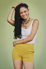 Sticker - Happy, portrait and woman with style in studio for summer fashion, jewellery or trendy clothes. Confident, smile and female person with dreadlocks on green background for outfit, accessories or pride