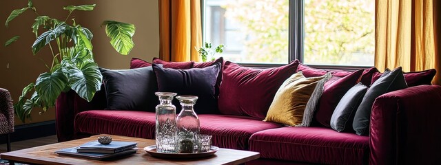 Rich maroon velvet sofa with plush pillows, bay window with sunlight streaming in, potted plant with glossy leaves, glass vases on wooden coffee table, plush area rug, cozy living room interior