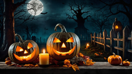 Halloween pumpkin head jack lantern with burning candles, Spooky Forest with a full moon and wooden table, Pumpkins In Graveyard In The Spooky Night 