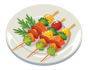 Wall Mural - Chicken skewers with slices of sweet peppers and dill in plate in white background